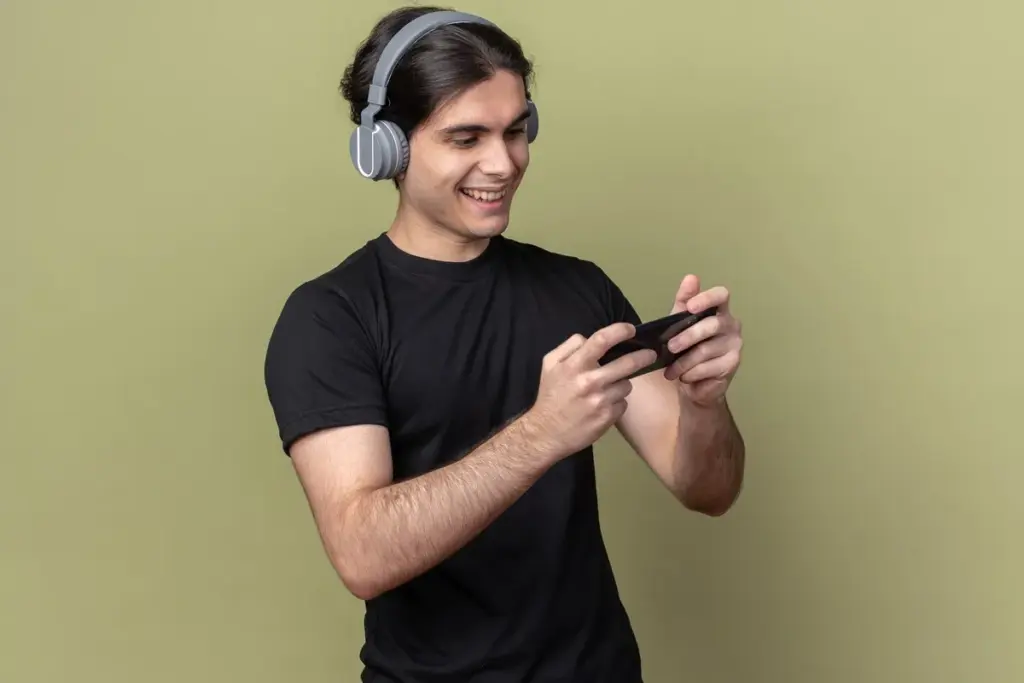 Jovem sorrindo enquanto usa smartphone com fones de ouvido, interagindo com jogo ou aplicativo digital.