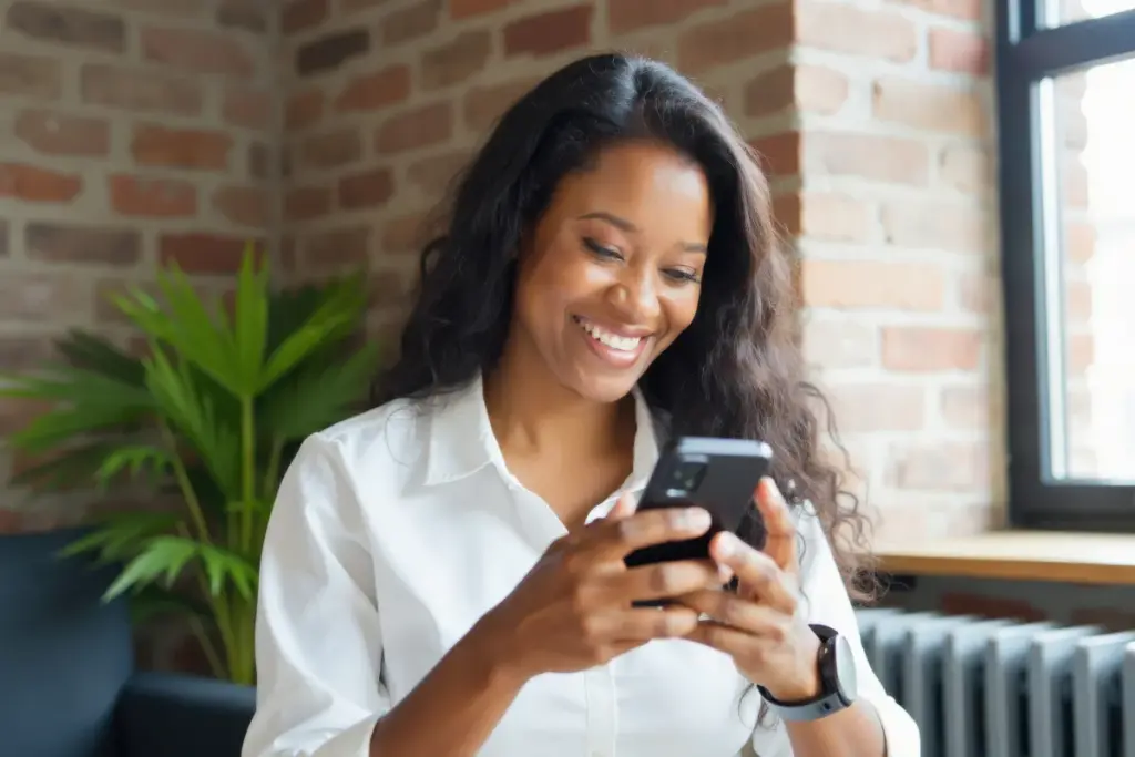 Mulher sorrindo enquanto olha para o celular sentada em um ambiente interno com parede de tijolos e uma planta ao fundo.