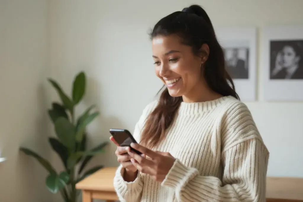 Mulher sorrindo enquanto segura um celular e olha para a tela em um ambiente interno com planta e quadros decorativos ao fundo.