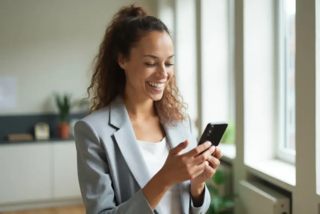 Mulher sorrindo enquanto usa o celular próximo a uma janela em um ambiente interno iluminado.